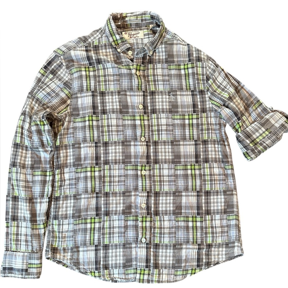 Original‎ Penguin Plaid Shirt Mens Large Grey Green Excellent Heritage Slim Fit